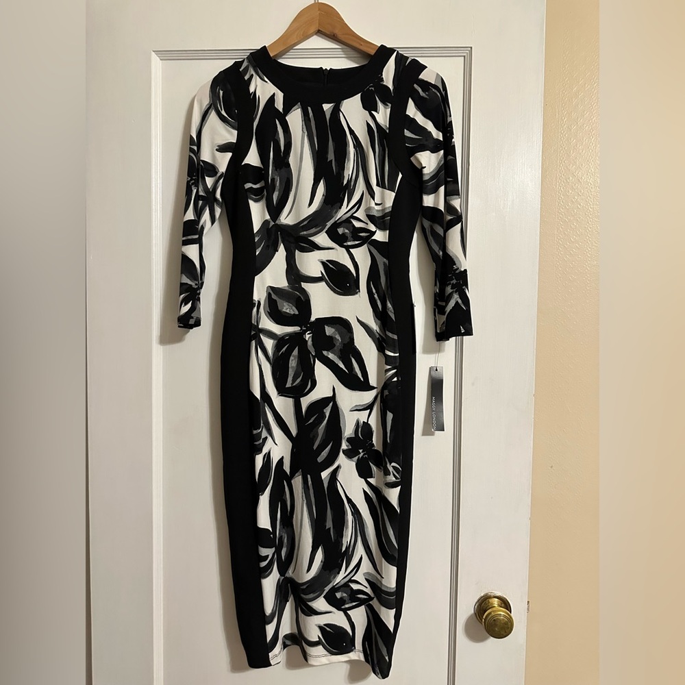 Maggy London Monochrome Leaf Pattern Dress NWT